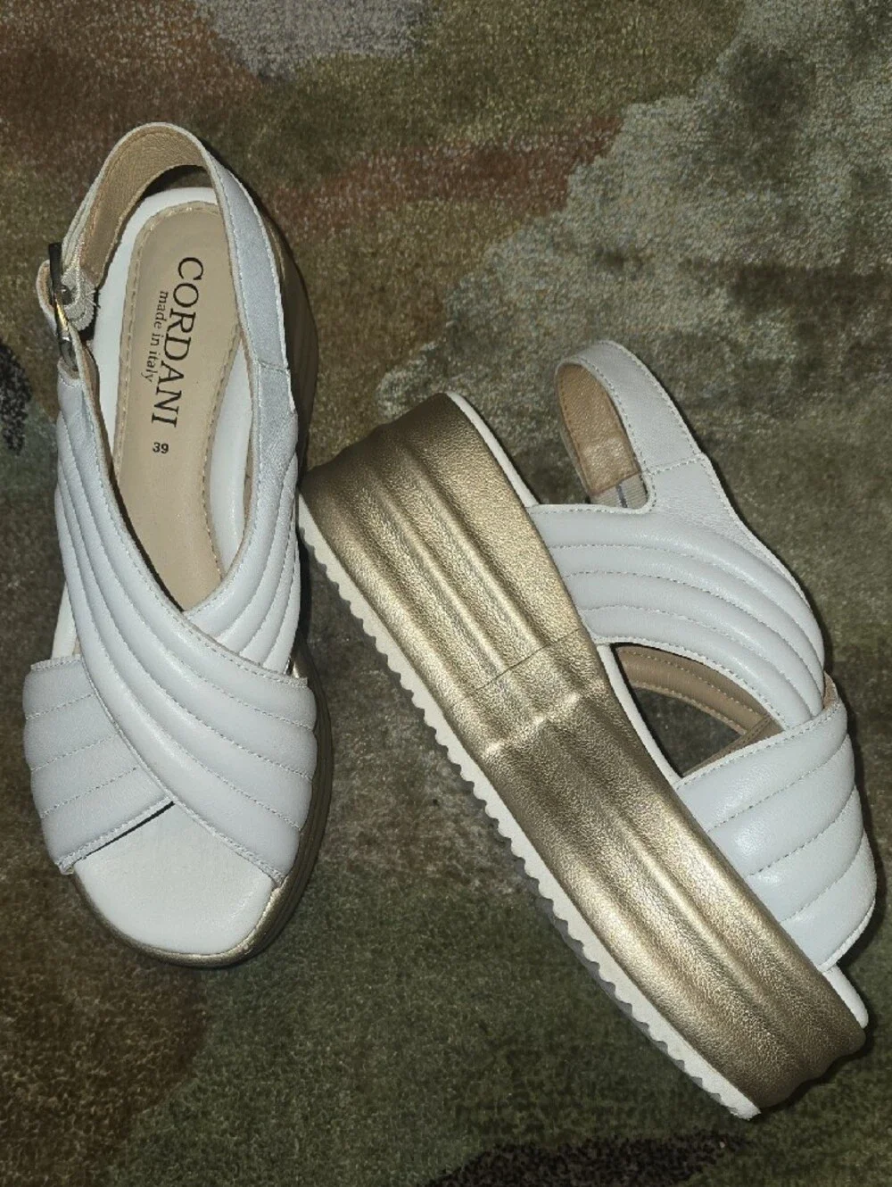 Cordani Yvonne White Leather Platform Sandals with Gold Sole